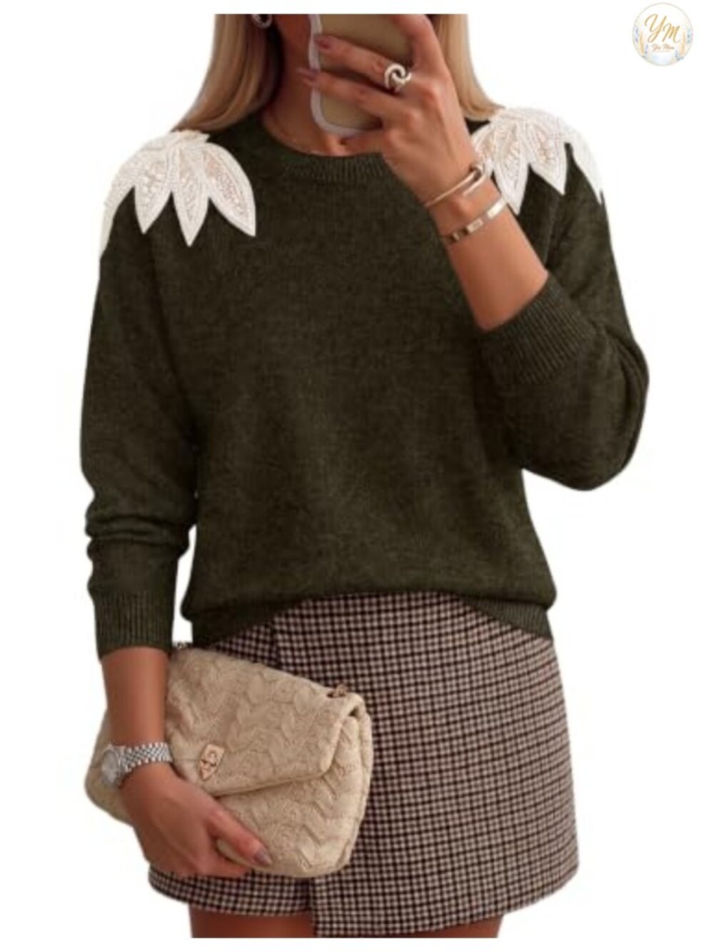 Women's Crew Neck Knit Pullover Sweater with Pearl Trim